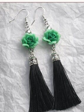 Handmade Green Rose Floral Tassel Earrings | Boho Dangle | Lightweight